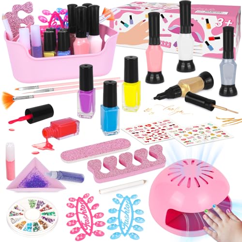 Kids Nail Polish Set for Girls, 27PCS Nail Art Kit with Nail Dryer, Non Toxic Nail Polish kit and Fake Nails for Kids, Girl Toys Age 6-8, Halloween Christmas Birthday Gifts for Girls 8-12