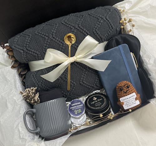 Get Well Soon Gift Baskets for Men&Women- Self Care Package/Brithday - After Surgery, Sympathy Gifts for Loss of Loved One, Thinking of You/Grief/Bereavement/Miscarriage Gifts (Grey & Navy Blue)