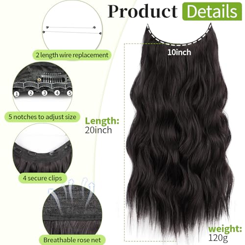 KooKaStyle Invisible Wire Hair Extensions with Transparent Wire Adjustable Size 4 Secure Clips Long Wavy Secret Synthetic Hairpiece 20 Inch Dark Brown for Women