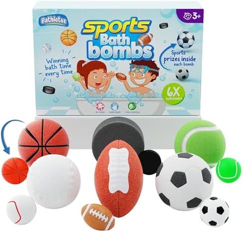 6pc Sporty Kids Bath Bombs with Surprise Inside - Girls & Boys Bath Toys w/ 6 Sports Prizes - Perfect for Birthdays, Holidays -Toddlers 3+