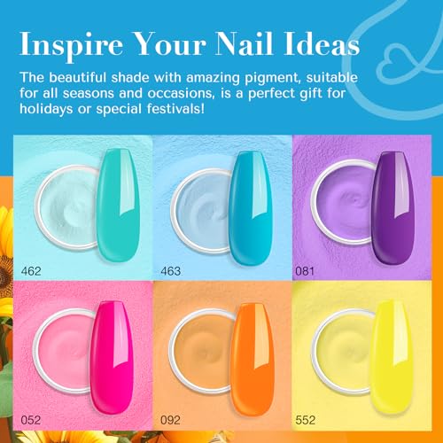AZUREBEAUTY Bright Summer Dip Powder Nail Set, 6 Colors Pink Blue Purple Yellow Orange Dipping Powder Nail Starter Kit French Art Manicure DIY Mother's Gift for Women, No Need Nail Lamp Cured