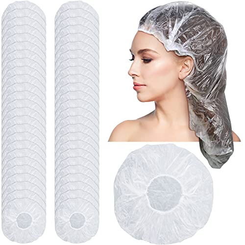 SATINIOR 50 Pcs Disposable Shower Caps Plastic Clear Large Lengthen Elastic Waterproof Bath Caps for Women Portable Travel Hotel Hair Salon Essentials Accessories Individually Wrapped