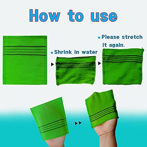 The Original Korean Exfoliating Mitt Body Scrub-12pcs (green4 red4 yellow4). Asian Exfoliating Bath Washcloth for Dead Skin, Bath Sponge,Body exfoliate Glove.