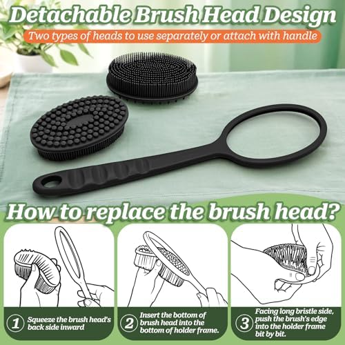 Silicone Face & Back Scrubber Set, Manual Face & Body Scrubber Exfoliator with Soft Bristles and Non-Slip Handle, Back Brush Bath Brush with 2 Detachable Brush Heads(3PCS Black Set)
