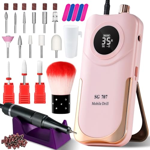 Portable Nail Drill Cordless,35000 RPM Electric Nail File with Holder,Rechargeable Nail Drill E Filer for Nails,Electric Nail Buffer Nail Filer Electric Tool for Women (Pink)