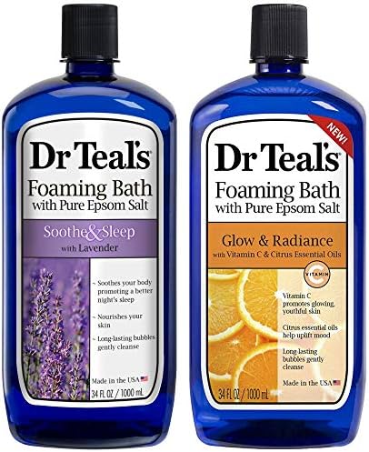 Dr. Teal's Foaming Bath Variety Gift Set (2 Pack, 34oz Ea.) - Soothe & Sleep Lavender, Glow & Radiance Vitamin C and Citrus - Essential Oils Blended with Pure Epsom Salt Relieve Pain & Daily Stress