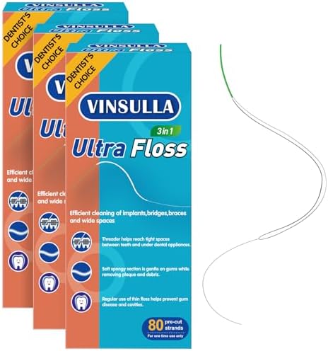 Dental Floss for Braces, Floss Threaders for Bridges and Implants 80 Pre-Cut Strands (Pack of 3)