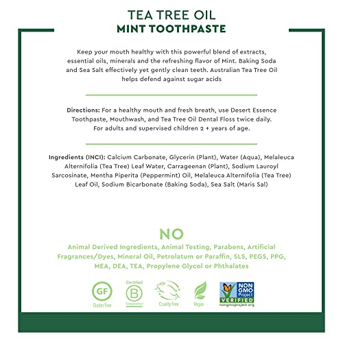 Desert Essence Tea Tree Oil Toothpaste - Mint - 18.75 Oz (6.25 Oz * Pack of 3) - Refreshing Taste - Deep Cleans Teeth & Gums - Helps Fight Plaque - Sea Salt - Pure Essential Oil - Baking Soda