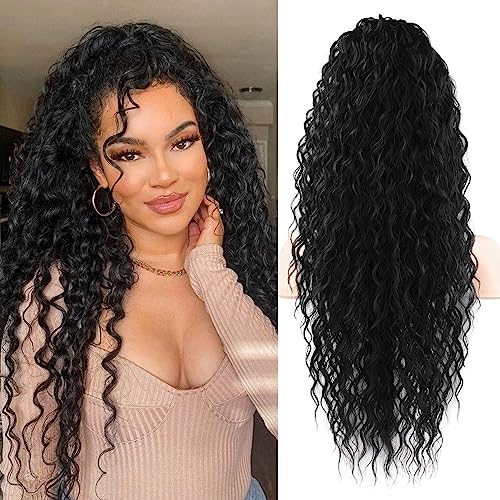 Flufymooz Ponytail Extension, 26 Inch Bohemian Style Drawstring Ponytail Hair Extensions for Women, Long Curly Wavy Pony Tail Natural Synthetic Hairpiece for Women (26 Inch Natural Black)