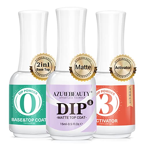 AZUREBEAUTY 3 Pcs Dip Powder Liquid Set, Base Top Coat with Activator Matte Coat Comprehensive Professional Dipping Powder Essential Set for Dip Nail Art, 15 ml 0.5 Oz Fast Dry No Nail Lamp Needed