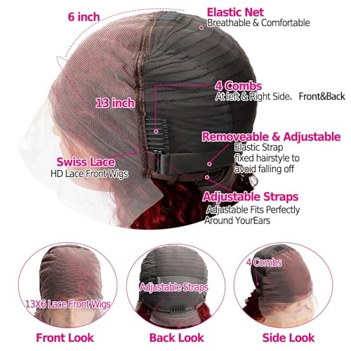 99j Burgundy Wig Human Hair 13x6 Deep Wave Lace Front Wigs Human Hair 180 Density Red Colored Wigs Human Hair for Black Women Burgundy Deep Curly Lace Frontal Wigs (30 Inch)