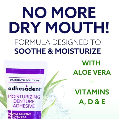 Dr. B Dental Solutions Adhesadent Moisturizing Denture Adhesive - Secure Denture Glue with Strong Grip & Natural Taste - Zinc-Free Dental Adhesive for Dentures, Overdentures - 2.4 oz