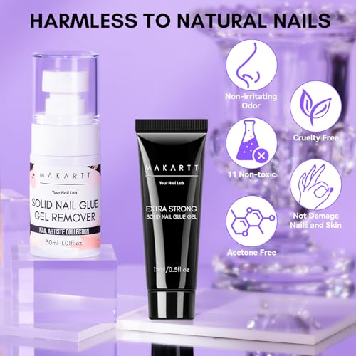Makartt Nail Glue and Remover Kit: Super Strong Solid Gel for Press on Tips, 30ml Glues Remover for Easy Polish Removal, Nails Art Supplies for Salon and Home Use