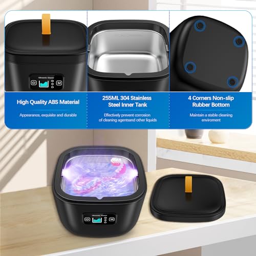 Retainer Cleaner Machine - 255ML Ultrasonic Denture Cleaner for Aligner Mouth Guard Toothbrush Ring Diamond, 45kHz LED Light Sonic Cleaning Machine for Jewelry, Dental Appliances