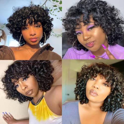 Fringe Bouncy Human Hair Wigs For Black Women Afro Rose Curly Funmi Glueless Wigs with Bangs Short Bouncy Curly Bob Wig With Bang 8Inch 180% Density Natural Black