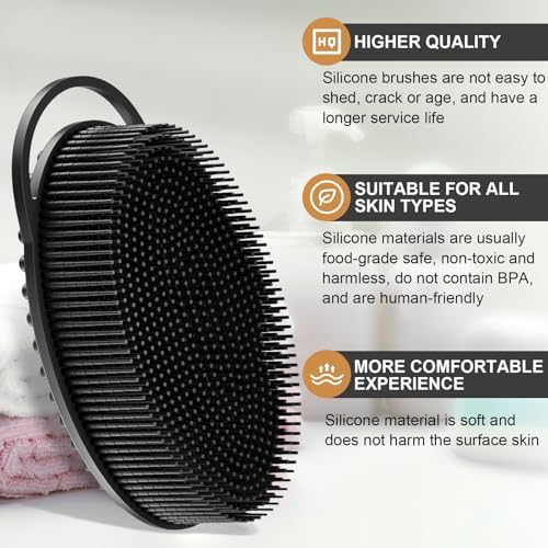 Metene 2 Pack Silicone Exfoliating Body Scrubber with Loop, Soft Body Scrubber for Men and Women, Shower and Bath Skincare Routine (Black)