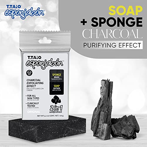 T.Taio Esponjabon Mother of Pearl and Charcoal Soap Sponges — Shower Scrubbers That Remove Oil and Dirt — Sponges to Scrub Foot, Elbow and Face — Bathroom Accessories — Fresh Scent (2-Pack)