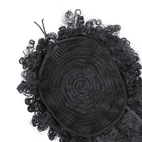 ENTRANCED STYLES Drawstring Ponytail with Bangs Afro Puff Ponytail Extensions for Women Short Curly Puff Ponytail with Bangs Clip in Wrap Updo Hairpiece for Women(1B)