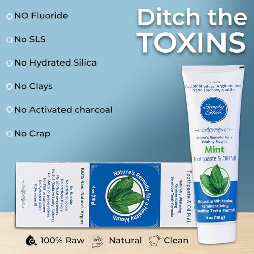 Simply Silver Toothpaste - Nano Hydroxyapatite & Colloidal Silver Natural Toothpaste & Oil Pull, Fluoride Free, Remineralizing & Sensitive Teeth New Formula, 4 oz (Mint)