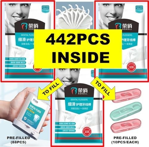 Dental Floss Picks, Flossers Picks for Adult Teeth, Packed in 1pc of Refillable Auto-Ejection-Case and 3pcs of Portable Cases, Hygienic Convenient, Smart Buy, 442pcs (White)