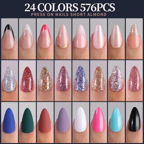 FANDAMEI Press on Nails, 24 Colors 576PCS Press on Nails Almond, Matte Glossy Press on Nails Short Almond, Glitter Fake Nails, Press on Nails French Tip Natural, Press on Nails for Nail Art