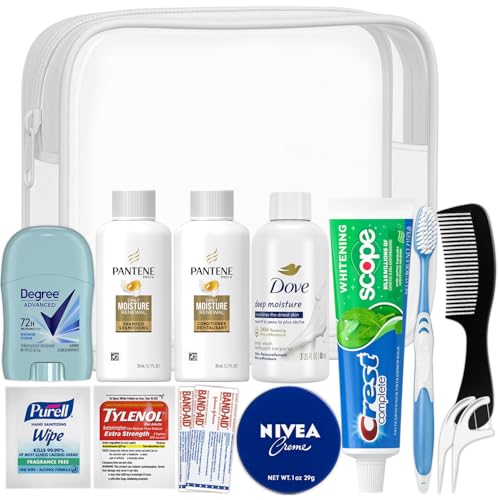 Peaknip Travel Toiletry Kit For Women - 15 Piece Travelers Essentials, TSA Compliant, Travel Size Toiletries kit, Bundle includes Shampooo & Conditioner, Body Wash, Deodorant, Moisturizer & More