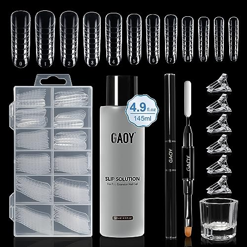 GAOY Slip Solution Kit for Poly Gel Nails, 145ml Nail Extension Gel Liquid Solution, Anti-stick Gel Solution with Brush and Dual Forms for Nail Art DIY