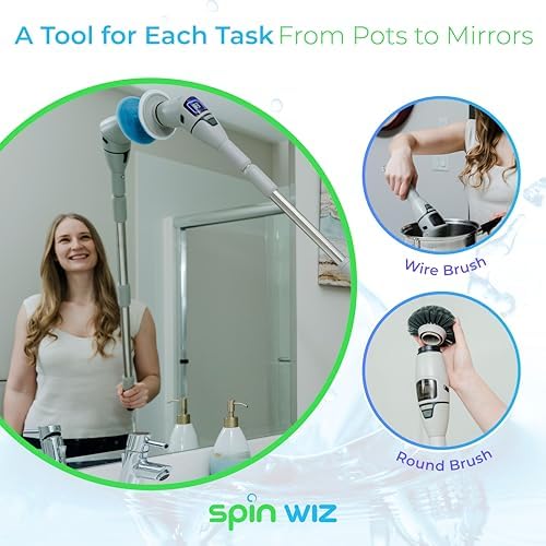 SpinWiz 2025 Model 10 in 1 Electric Spin Scrubber with 10 Replaceable Brushes | Spin Brush for Cleaning | Upgraded Battery | Electric Scrubber | Shower Scrubber with Long Handle