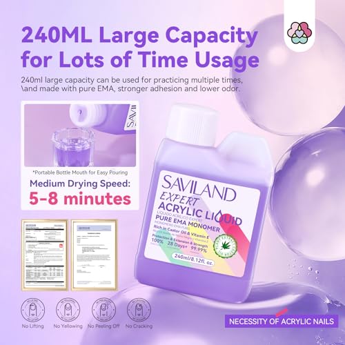 Saviland 8OZ EMA Acrylic Liquid Monomer: Pure EMA Odorless Liquid Monomer Professional Nail Monomer Liquid Kit for Acrylic Powder with Acrylic Brush Dappen Dish Nail Table Mat Nail Tech Salon