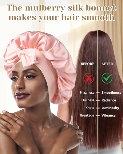 AWAYTR 100% Mulberry Silk Hair Bonnet for Women Sleeping with Tie Band 19 Momme Silk Sleep Cap Night (US, Alpha, One Size, Pale mauve)