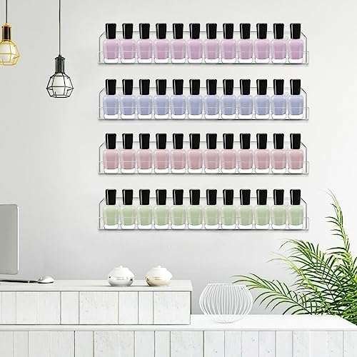 4 Pack Nail Polish Rack Wall Mounted Shelf, Clear Acrylic Nail Polish Organizer Display,Clear Nail Polish Wall Rack Nail Supplies for Nail Techs