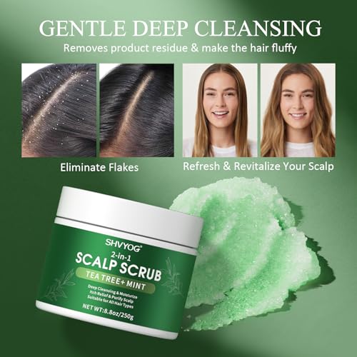 SHVYOG Scalp & Body Scrub, Tea Tree Exfoliator Scrub Shampoo with Peppermint & Sea Salt, Anti-Dandruff Detox Clarifying Exfoliator for Build Up, Itchy Scalp, Oily & Dry Hair with Scalp Massager