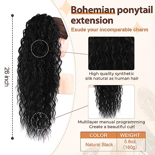 Flufymooz Ponytail Extension, 26 Inch Bohemian Style Drawstring Ponytail Hair Extensions for Women, Long Curly Wavy Pony Tail Natural Synthetic Hairpiece for Women (26 Inch Natural Black)