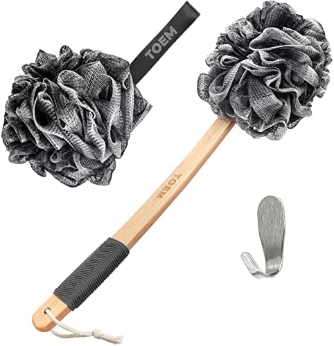 Loofah Back Scrubber for Shower | Bamboo Charcoal Fiber Infused | Loufas for Men & Women | Includes 1 Long Handled Shower Sponge, 1 Bath & Shower Luffa Pouf & 1 Hook to Hang Stuff (Slate Grey)