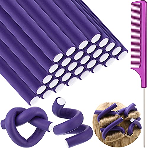 Syhood 30 Pieces Flexible Curling Rods Twist Hair Rollers Soft Foam Rods No Heat and 1 Pcs Steel Rat Tail Comb for Women Long and Short Hair(7 x 0.8 Inch,Purple)