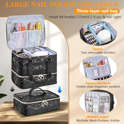 Nail Polish Organizer Case Holds 84 Bottles(15ml/0.5 Liquid Ounces) & Nail Lamp,3 Layers PU Leather Nail Supplies Storage Organizer Bag,Large Shoulder Strap Nail Polish Holder Travel Carrying Case.