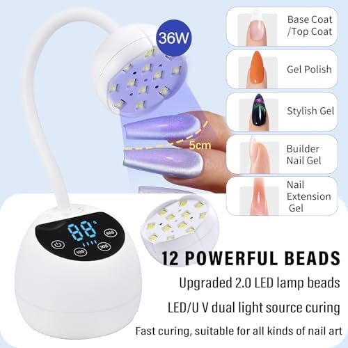 U V LED Nail Lamp, 36W Mini Cordless Gel x Nail Lamp Flash Cure, Auto Sensor Gooseneck Portable USB Gel Nail Dryer U V Light with 3 Timers and LCD Display for Home DIY