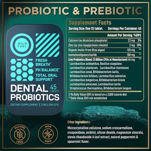 Dental Probiotics for Teeth and Gums - 3 Billion CFU Lactobacillus Salivarius Acidophilus Oral Probiotics for Mouth Bad Breath Treatment for Adults - 45 Mint Tablets for Oral Health in a Travel Tin