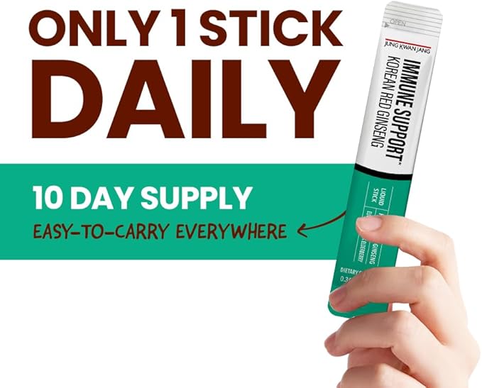 JungKwanJang Korean Red Panax Ginseng (800mg) and Elderberry (469mg) Immune Support Everytime Extract Sticks, Antioxidant Supplement for Immunity and Daily Wellness, 10 Count