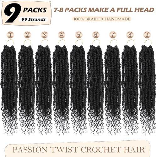 Passion Twist Crochet Hair,12 Inch 9 Packs Pretwisted Passion Twist Hair, Soft Pre Looped And Pre twist Crochet Hair For Women，Short Black Curly Crochet Braids(12",1B#)