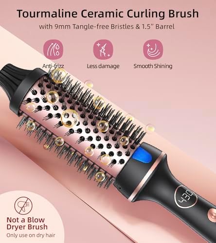 Thermal Hair Brush for Blowout Look, 1.5 Inch Heated Round Brush for Natural Curl,Ionic Curling Iron Wand with Dual Voltage, Volumizing Smoothing Hot Round Brush, Black
