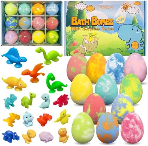 Bath Bombs for Kids with Surprise Toys Inside, 12 Pack Natural Dino Egg Bath Bombs with Dinosaur Suction Cup Toys, Bubble Bath Fizzers Ball Gift Set for Boys Girls Birthday, Summer Fun