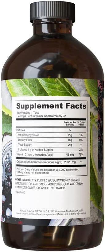 Rowe Casa Organics - Elderberry Immune Support, All Natural Elderberry Syrup with Antioxidants, Zinc and Vitamin C, for Kids and Adults (16 Fl Ounces)