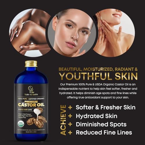 Organic Castor Oil, Cold Pressed, Glass Bottle, USDA Certified Premium Organic, Unrefined, Hexane Free, for Hair Growth, Radiant Skin, Eyebrows, Lashes and Fuller Hair, 16.9 oz w/ Pump (Made in USA)
