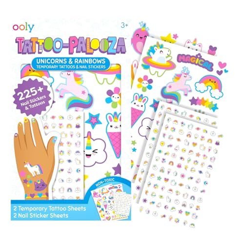 Ooly Set of 35 Unicorn & Rainbow Temporary Tattoos and 192 Nail Stickers for Kids, Non-Toxic, Safe Kids Tattoos, Party Favors, Goodie Bag Stuffers Summer Crafts, Birthday Decorations for Girls Ages +3