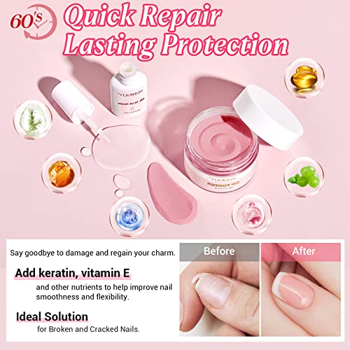 AZUREBEAUTY Nail Repair Kit for Broken Cracked Split Weak Nails, Emergency Easy Quick Fix Crystal Jelly Pink Transparent Dip Powder 28g /1 Oz Quick-Drying Repair Glue 10ml with Nail File & Nail Buffer