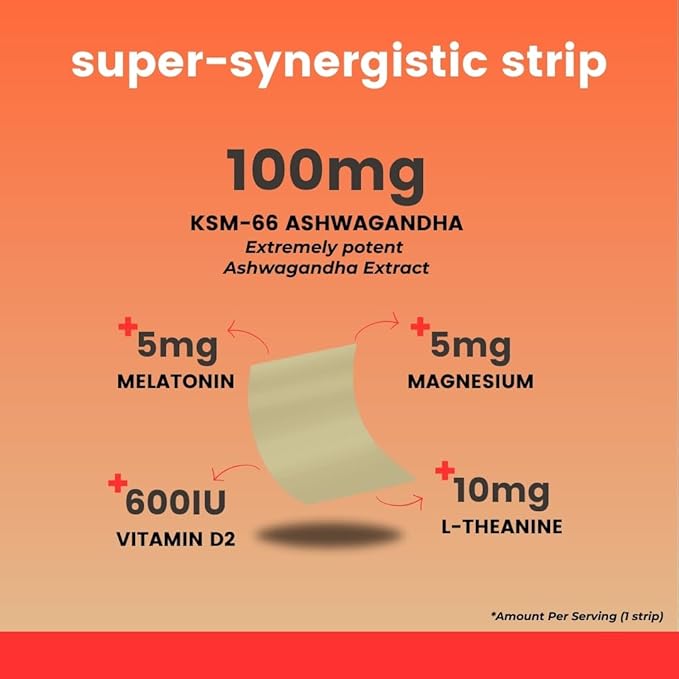 Ashwagandha Oral Strips 100 mg KSM 66 Ashwagandha, L-Theanine, Melatonin, Vitamin D2 and Magnesium, Vegan Strips for Men and Women, Sugar-Free, Non-GMO, 30 Oral Strips (Berry)