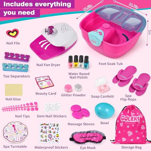 Golray Kid Foot Spa & Nail Kit, Girl Gift for 5 6 7 8-12 Year Old Toys Manicure Pedicure Art Salon, Massage Bubble & Music Foot Soak Tub, Spa Day Sleepover Party Supply Christmas Girl Birthday Gift