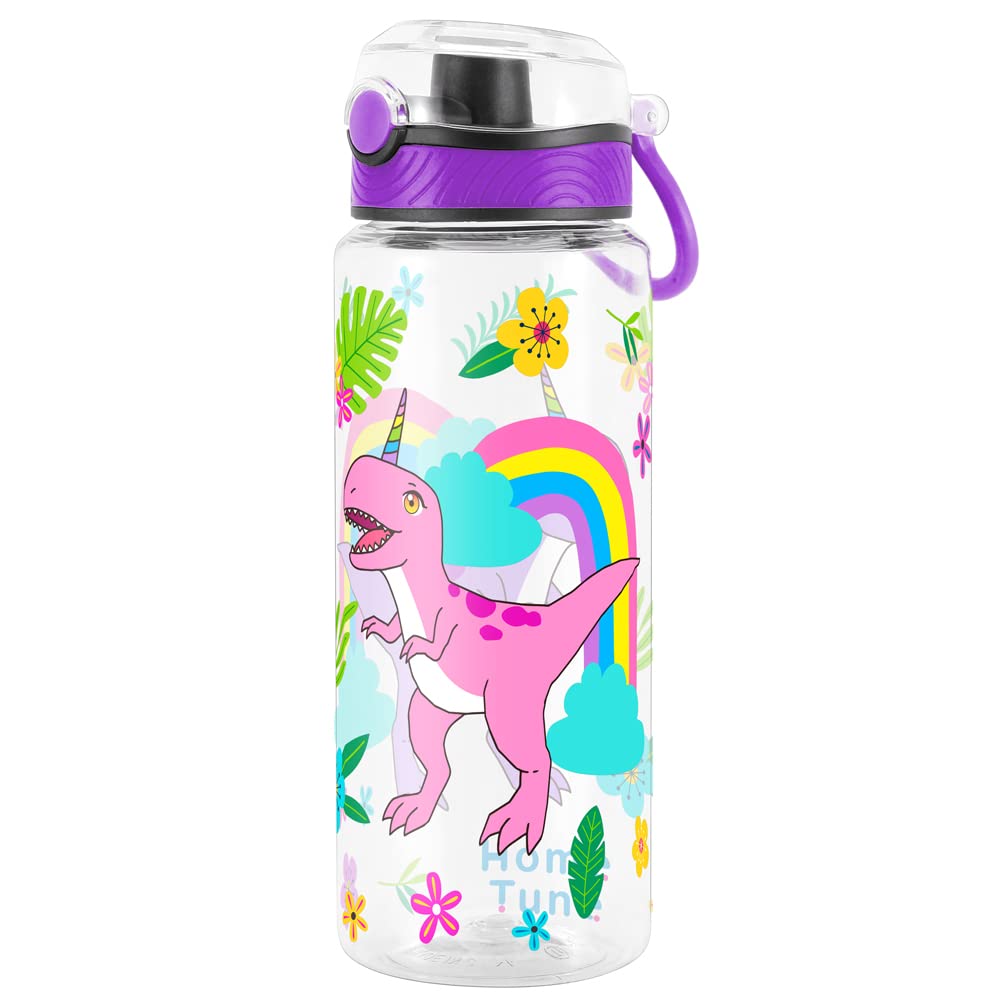 Cute Water Bottle for School Kids Girls, BPA FREE Tritan & Leak Proof & Easy Clean & Carry Handle, 23oz/ 680ml (Rainbow Dinosaur)