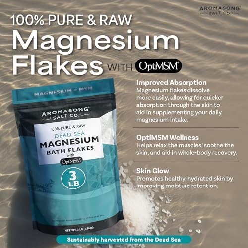 Aromasong RAW Magnesium Flakes + OptiMSM for Soaking 3 LB Resealable Pack - Muscle Relaxing Organic Bath Salts Magnesium Chloride Flakes, Mineral Soak.